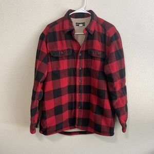 Eddie Bauer Men Medium Sherpa Lined Flannel Shirt Jacket Red Black Plaid Buffalo